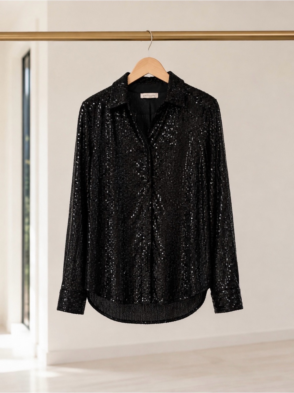 Black Sequin Button-Down Shirt - Womens